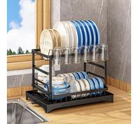 Deluxe Foldable 2-Tier Dish Drying Rack with Drainboard - Large Capacity Kitchen nizer Detachable Space Saver Durable Black Dish Drainer for Efficient Drying