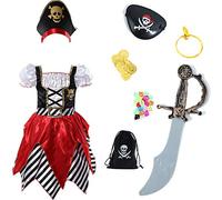 Deluxe Girls Pirate Bucaneer Princess Dress With Sword, Pouch, Eye-patch and Hat - 9-10 Years