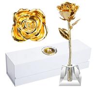 Deluxe Golden Rose, Gold Dipped Rose Made from Real Rose Gift for Her on Wedding Anniversary Valentines Mothers Day (Deluxe Golden with Crystal Vase)
