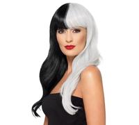 Deluxe Half & Half Wig With Fringe Black & Grey Fancy Dress Heat Resistant