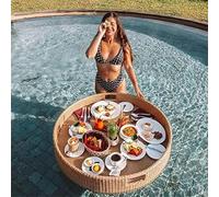 Deluxe Hand-Woven PE Rattan Floating Serving Tray for Pool, Floating Mahjong Table, Round Shape with Easy-Grip Hand Holes, Rust-Resistant Frame,for Homes,Hotels,Outdoor Pools 60*60-Beige