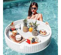 Deluxe Hand-Woven PE Rattan Floating Serving Tray for Pool, Floating Mahjong Table, Round Shape with Easy-Grip Hand Holes, Rust-Resistant Frame,for Homes,Hotels,Outdoor Pools 80*80-White