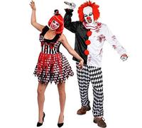 DELUXE KILLER CLOWN COUPLES HALLOWEEN COSTUME - COUPLES FANCY DRESS CLOWN COSTUMES WITH ACCESSORIES (MENS: SMALL + LADIES: MEDIUM)
