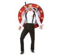 Smiffys Deluxe Knife Thrower Costume, Red & White with Shirt, Braces, Target Board & Velcro Knives, Circus Fancy Dress, Jester Dress Up Costumes