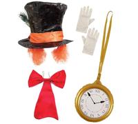 Deluxe Mad Hatter Costume Kit ~ Alice in Wonderland / Tea Party, Carnival, Halloween Fancy Dress | Adult Mad Hatter Hat + Red Bowtie + White Gloves + Jumbo Inflatable Clock, Adult One Size