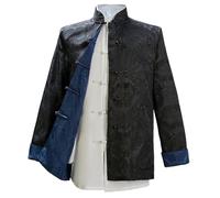 Deluxe Men's Tang Jacket Jacquard Pattern Frog Button Long Sleeve Stand Collar Coat Chinese New Year Party Costume, Black/Blue, Large