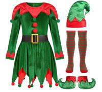 Deluxe Miss Elf Costume Santa Little Helper Fancy Dress Outfit Christmas Children's Green Top Red Pants Belt Hat Shoe Covers Kids Boys Xmas Winter New Year Eve (Green#c,7-9 Years)