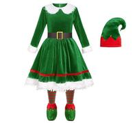 Deluxe Miss Elf Costume Santa's Helper Outfit Girl's Xmas Dress Green Red Top Matching Trousers Hat And Boots Little Girl Gnomes Elves Carnival Theme Parties (Green #1,10-11 Years)