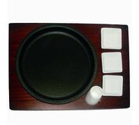 Deluxe New Round Shaped Cast Iron Sizzler Platter Set with Wooden Trivet and Sauce Dishes 23cm