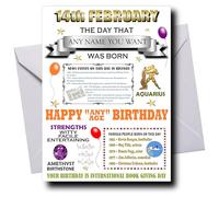 Deluxe PERSONALISED Birthday Card for Men and Women, UNIQUELY INDIVISUALISED for Anybody That Was Born on 14th of FEBRUARY, Any Name & Any Age Added, Ideal Keepsake Cards