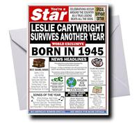 Deluxe PERSONALISED Birthday Card for Men & Women, Born in 1945, ADD ANY NAME, Full of Facts & Nostalgic Memories, Any Personalisation Artfully Merged into the Main Headline, Great Keepsake Cards
