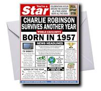 Deluxe PERSONALISED Birthday Card for Men & Women, Born in 1957, ADD ANY NAME, Full of Facts & Nostalgic Memories, Any Personalisation Artfully Merged into the Main Headline, Ideal Keepsake Cards