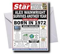 Deluxe PERSONALISED Birthday Card for Men & Women, Born in 1972, ADD ANY NAME, Full of Facts & Nostalgic Memories, Any Personalisation Artfully Merged into the Main Headline, Ideal Keepsake Cards