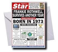 Deluxe PERSONALISED Birthday Card for Men & Women, Born in 1973, ADD ANY NAME, Full of Facts & Nostalgic Memories, Any Personalisation Artfully Merged into the Main Headline, Great Keepsake Cards