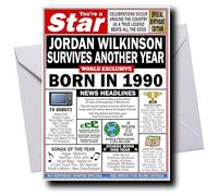 Deluxe PERSONALISED Birthday Card for Men & Women, Born in 1990, ADD ANY NAME, Full of Facts & Nostalgic Memories, Any Personalisation Artfully Merged into the Main Headline, Great Keepsake Cards