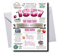 Deluxe PERSONALISED Birthday Card for Women, Born in 1957, ADD ANY NAME, Full of Facts & Nostalgic Memories, Your Personalisation is Beautifully Printed in a Stylish Scroll, Ideal Keepsake Cards