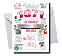 Deluxe PERSONALISED Birthday Card for Women, Born in 1971, ADD ANY NAME, Full of Facts & Nostalgic Memories, Your Personalisation is Beautifully Printed in a Stylish Scroll, Ideal Keepsake Cards