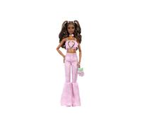 Barbie Deluxe Style Doll #12 in Pink Denim Crop Top with Matching Rose Print Flare Jeans, Wavy Brown Hair, Accessories like Rose Handbag and Jewelry, JJN72