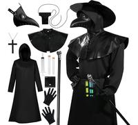 Deluxe Plague Doctor Costume Adult, Leather Plague Doctor Mask with Black Cloak Halloween Outfit Gloves Belt Cross Necklace Scepter Pouch Steampunk Fancy Dress Men Women Full Set (Black 2, XL)