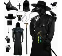 Deluxe Plague Doctor Costume Adult, Leather Plague Doctor Mask with Black Cloak Halloween Outfit Gloves Belt Cross Necklace Scepter Pouch Steampunk Fancy Dress Men Women Full Set (Black 2, L)