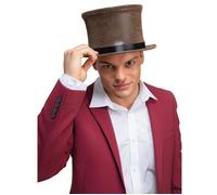 Deluxe Pop Up Brown Suede Top Hat Willy Wonka Mad Hatter Adult Mens Fancy Dress