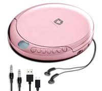 Deluxe Products CD Player Portable with 60 Second Anti Skip, Stereo Earbuds, Includes Aux in Cable and AC USB Power Cable for use at Home or in Car. Pink