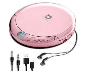 Deluxe Products CD Player Portable with 60 Second Anti Skip, Stereo Earbuds, Includes Aux in Cable and AC USB Power Cable for use at Home or in Car. Pink