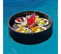 Deluxe Rattan Floating Tray for Pool Service - Ideal for Drinks & Brunch Stylish Black Design Perfect for Summer Parties and Outdoor Gatherings