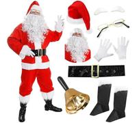 Deluxe Santa Costume - Father Christmas 11 Piece Fancy Dress Outfit with Jacket, Trousers, Wig, Beard, Hat, Boot Covers, Belt, Glasses, Gloves, Eyebrows & Bell - Premium Adult Santa Claus Costume Set
