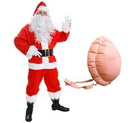 Deluxe Santa Costume With Beard, Glasses and Inflatable Belly - 11 Piece Plush Father Christmas Fancy Dress Xmas (Size: XXXXX-Large)