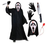 Deluxe Screamer Costume Set - Blood Pump Ghost Face Mask Black Hooded Robe with Bloody Scream Knife - Halloween Horror Fancy Dress Outfit for Adults