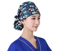 Deluxe Scrub Cap with Buttons Long Hair Bouffant Hat with Sweatband Adjustable Cotton Turban Head Cover Hair Nets Covering Skull cap for Hospital Workshop Home Beauty Catering (Printed A)