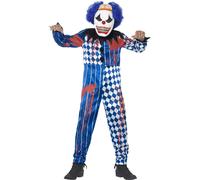 Smiffys Deluxe Sinister Clown Costume, Blue with Jumpsuit, EVA Mask, Attached Brain & Hair, Halloween Child Fancy Dress, Clown Dress Up Costumes