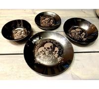 Deluxe Skull & Rose Engraved Black, dinnerware, Etched Bowls, Pasta, Rock Goth, Table, Side Plate, Dining, Set, Gothic, Witch, Tattoo Ink