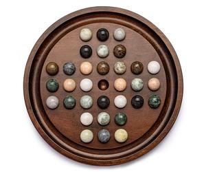 Deluxe Solitaire Playset: 12.6 Inch Solid Wooden Board, 32 Natural Marble Balls, Single Player Strategy and Thinking Games