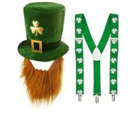 Deluxe Velvet Shamrock Top Hat with Beard & Irish Shamrock Braces - St. Patrick’s Day Dress-Up Set