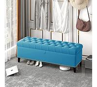Deluxe Velvet Storage Bench with Buttons Stylish Footstool for Bedroom End of Bed Blue 100x40x45cm - Multi-functional Home Décor Solution