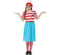 Smiffys Where's Wally Wenda Deluxe Costume, Kids Red & White Dress, Hat, Tights & Glasses, Iconic Outfit with 3D Print, Perfect for a Themed Parties or World Book Day or Halloween