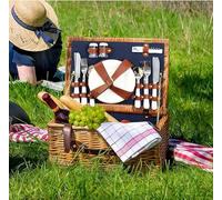 Deluxe Wicker Picnic Basket Set, 4-Person Traditional Hamper with Wine Glasses, Plates, Cutlery, Blanket and Accessories, Brown Willow with Navy Interior