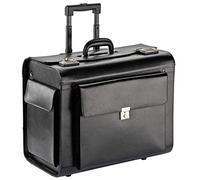 Deluxe XXL Cowhide Real Genuine Leather Wheeled Pilot Case with Extra Large Main Compartment, Front Pocket and Two Side Pockets
