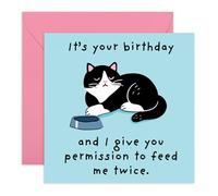 Demanding Pet Birthday Card - “Feed Me Twice” - Tuxedo Cat Card for Cat Lovers, Fur Mum Dad, Sister, Cousin, BFF, Bestie, Colleagues, Grandma, Aunt, Her, Women, Girls - Comes with Fun Stickers