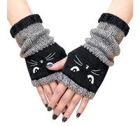 demaxiyad Knitted Fingerless Gloves - Cat Embroidery Hand Warming Gloves | Warm Open Finger Gloves for Women Girls Teens Daily Commuting Outdoor Shopping Travel, Black, Se référer au descriptif