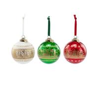 DEMDACO Cozy Time 4 Inch Blown Glass Festive Holiday Décor Decoration Christmas Tree Hanging Ornament Set of 3 Red and Green Golden Foil Detail Woodland Winter Scene