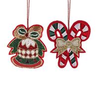 DEMDACO Here Comes Santa Claus 4 Inch Beaded Felt Festive Holiday Décor Homespun Decoration Christmas Tree Hanging Ornament Set of 2 Red and Green Beaded Candy Cane and Bell