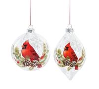 DEMDACO Here Comes Santa Claus Blown Glass Festive Holiday Décor Decoration Christmas Tree Hanging Ornament Set of 2 Red and Green Cardinal on Pinecone Branch