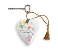 DEMDACO Memorial Art Heart Tabletop Sculpture with Vintage Skeleton Key Stand 3.5 Inch Resin Forever in Our Hearts
