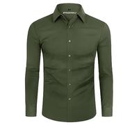 DEMEANOR 4-Way Stretch Mens Shirts Long Sleeve Muscle Fit Formal Dress Shirts for Men Non Iron Casual Shirts Business Wedding Work Olive