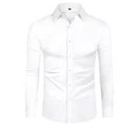 DEMEANOR Men's Stretch Long Sleeve Casual Shirts for Men Shirt Slim Fit Men's Business Shirts for Men Shirt Non-Iron Men, Real White, L