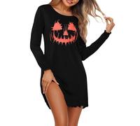 Demegimi Women’s Cotton Halloween Nightdress - Long Sleeve Round Neck Skull Print Sleepwear, Soft & Comfy Nightie for Autumn & Winter