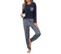 Demegimi Women's Checkered Pyjama Set Soft Cotton Tartan Nightwear Ladies Long Sleeve Pjs Two Piece Lounge Set with Pockets Warm Sleepwear Dark Blue
